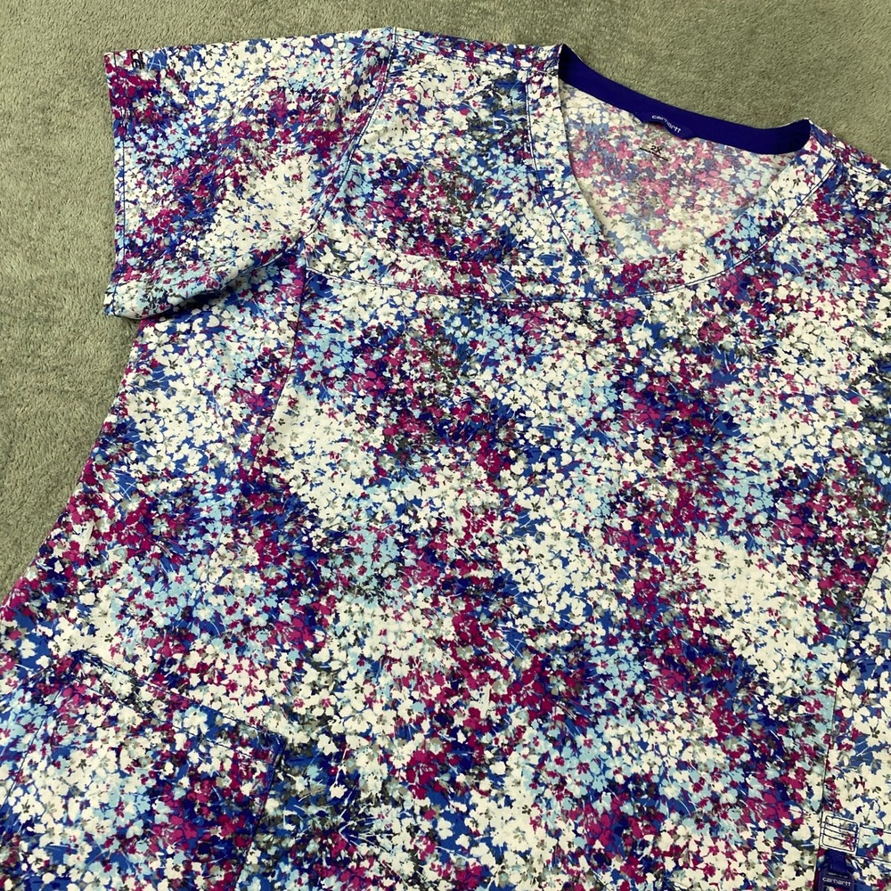 Carhartt‎ Womens 2X Scrub Top Blue Purple Floral Force V-Neck Short Sleeve